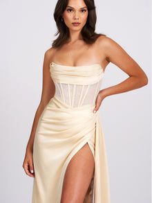 Prisa High Slit Satin Corset Gown | Egg White