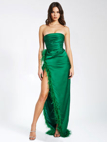 Perrin Feather Dress High Slit Gown | Emerald Green