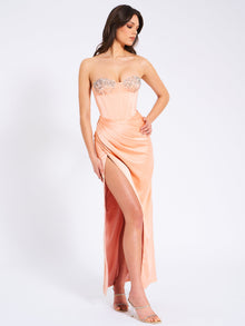 Amelia Satin Corset Slit Gown With Crystal Embellished | Blush