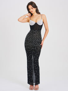 Jimena Crystal Embellished Back Slit Maxi Dress | Black/Silver
