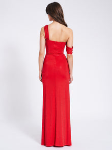 Paget Mesh Rhinestone Embellished High Slit Gown | Red