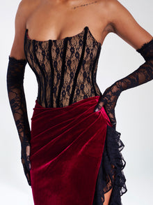 Gaia Lace Velvet Corset Side Slit Dress | Burgundy