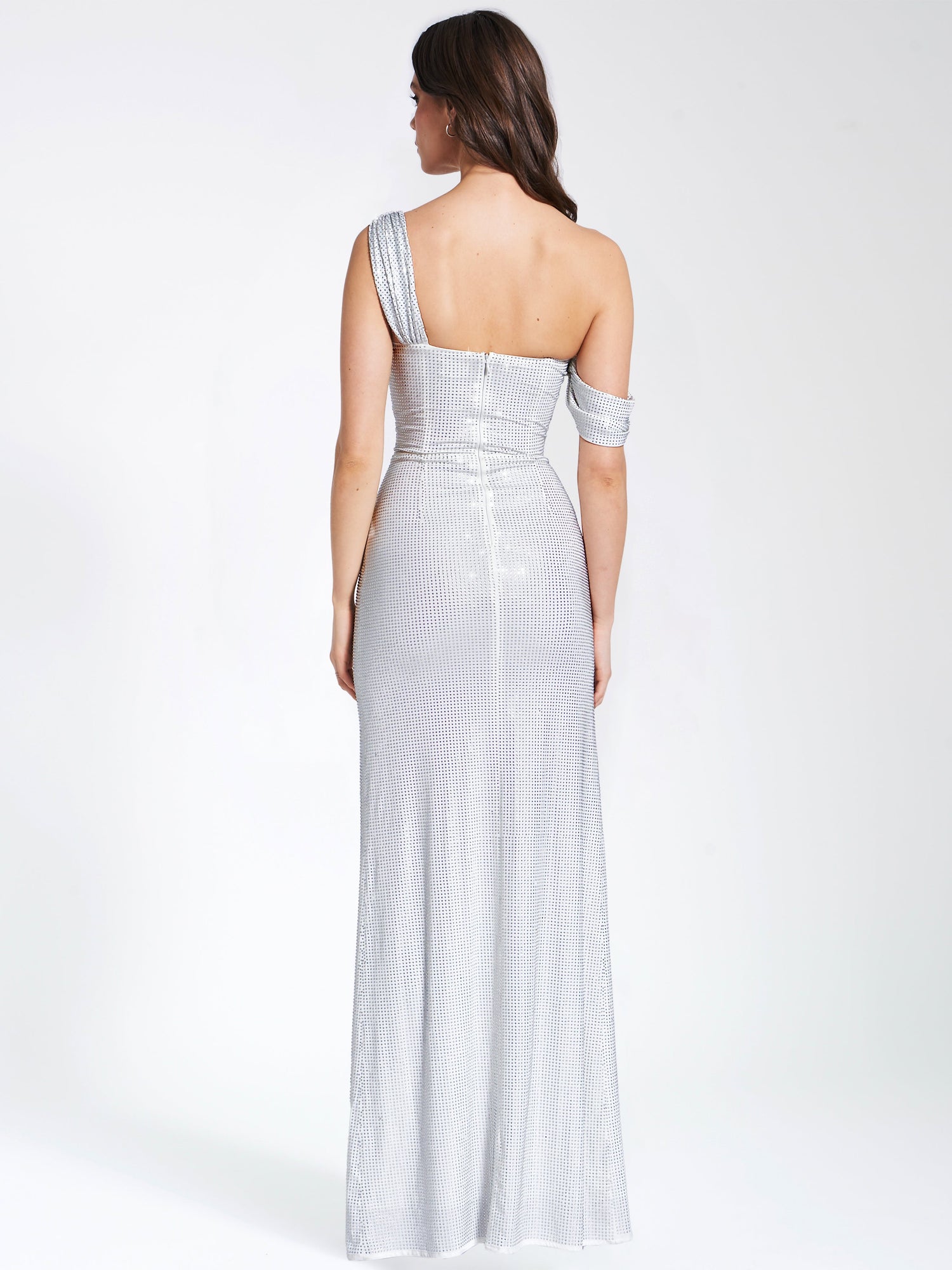 Paget Mesh Rhinestone Embellished High Slit Gown | White