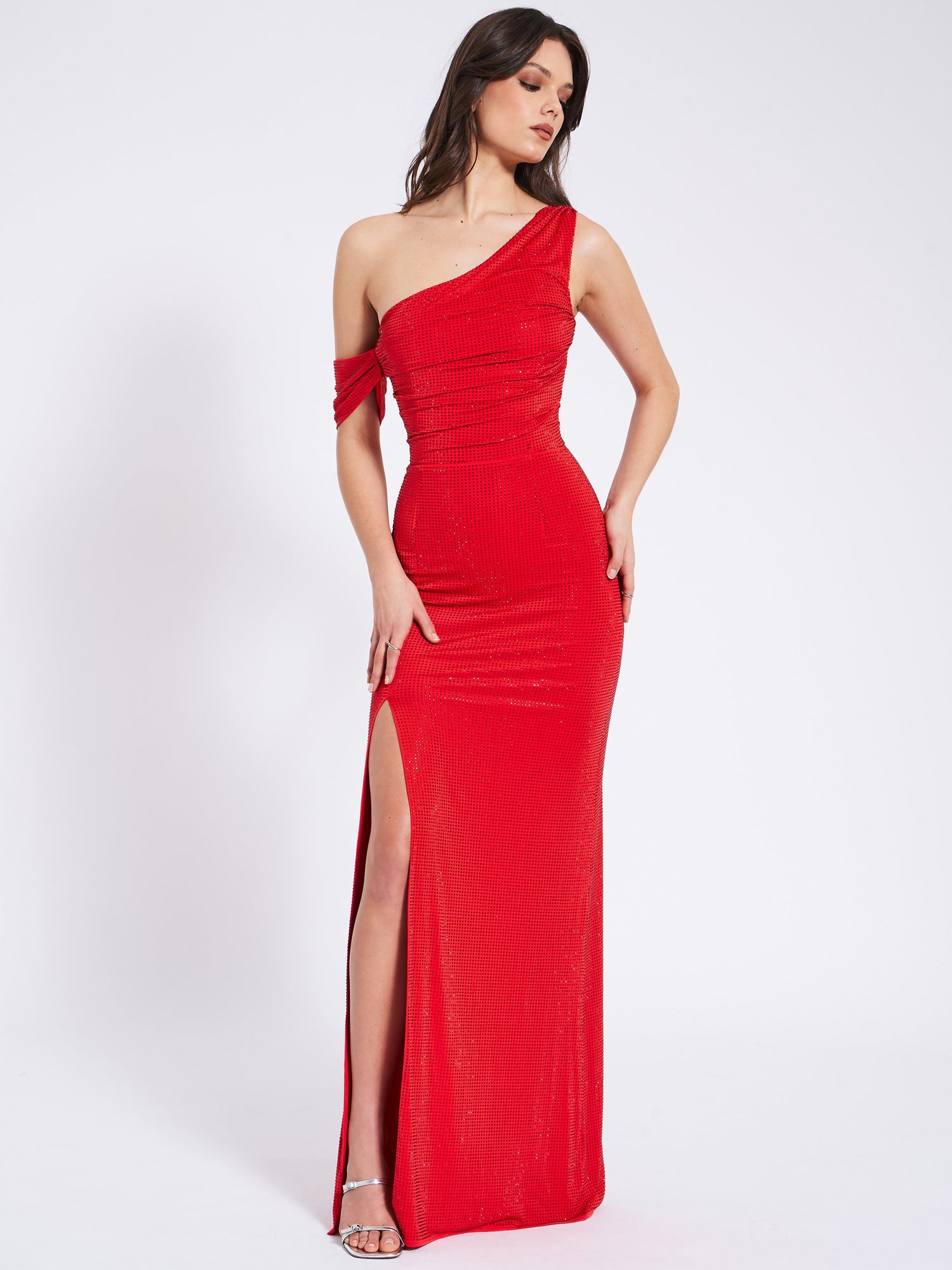 Paget Mesh Rhinestone Embellished High Slit Gown | Red