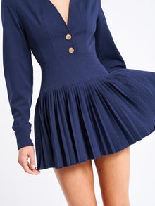 Valarie Denim Style Pleated Mini Dress | Navy Blue