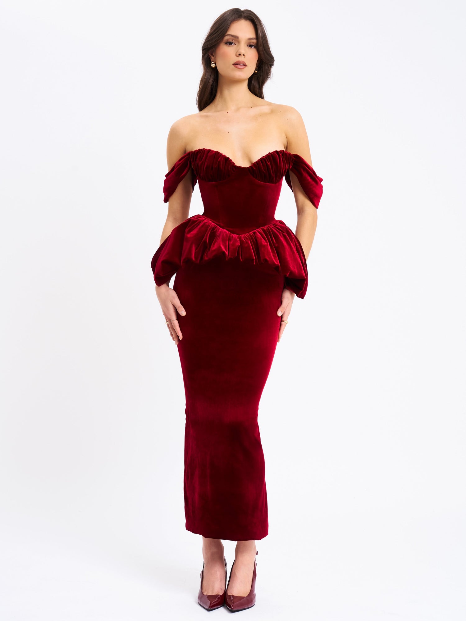 Abigail Velvet Off Shoulder Bubble Hem Peplum Maxi Dress | Burgundy
