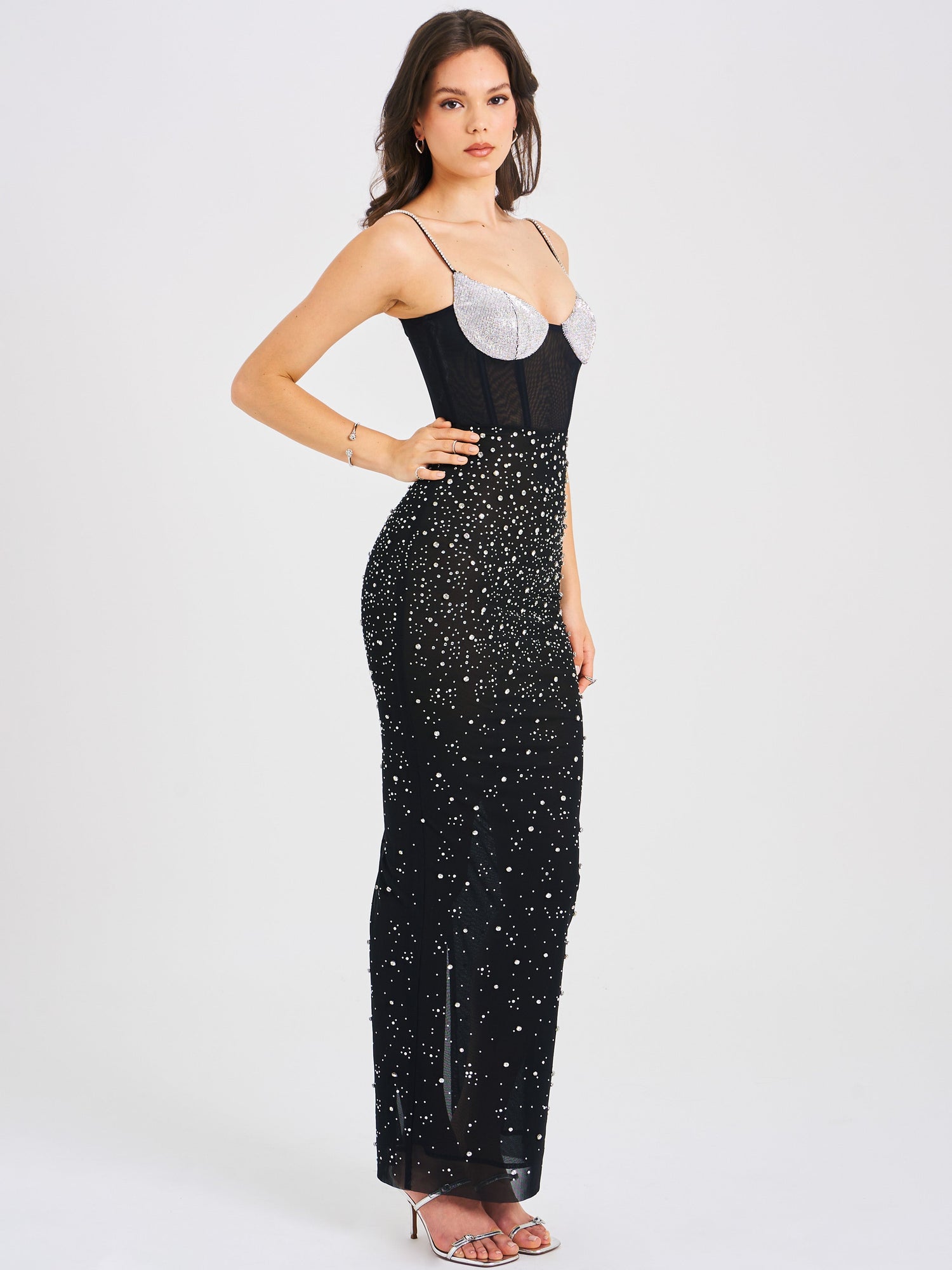 Jimena Crystal Embellished Back Slit Maxi Dress | Black/Silver