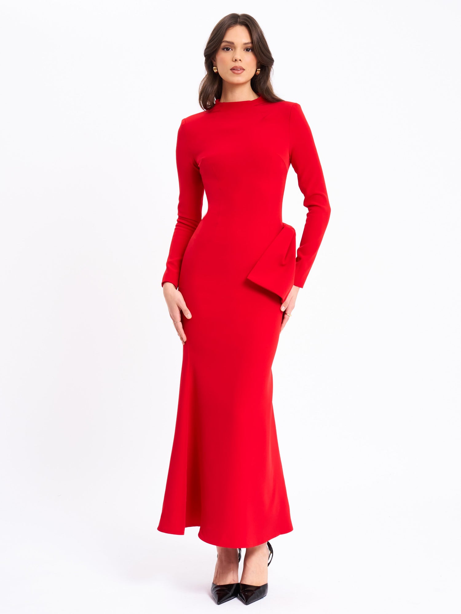 Radha Backless Longsleeve Maxi Dress with Bow | Red