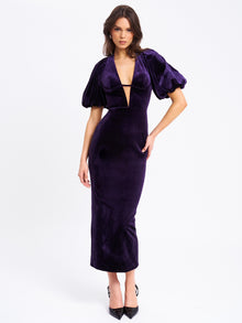 Coraline Velvet Bubble Sleeve Backless Maxi Dress | Purple