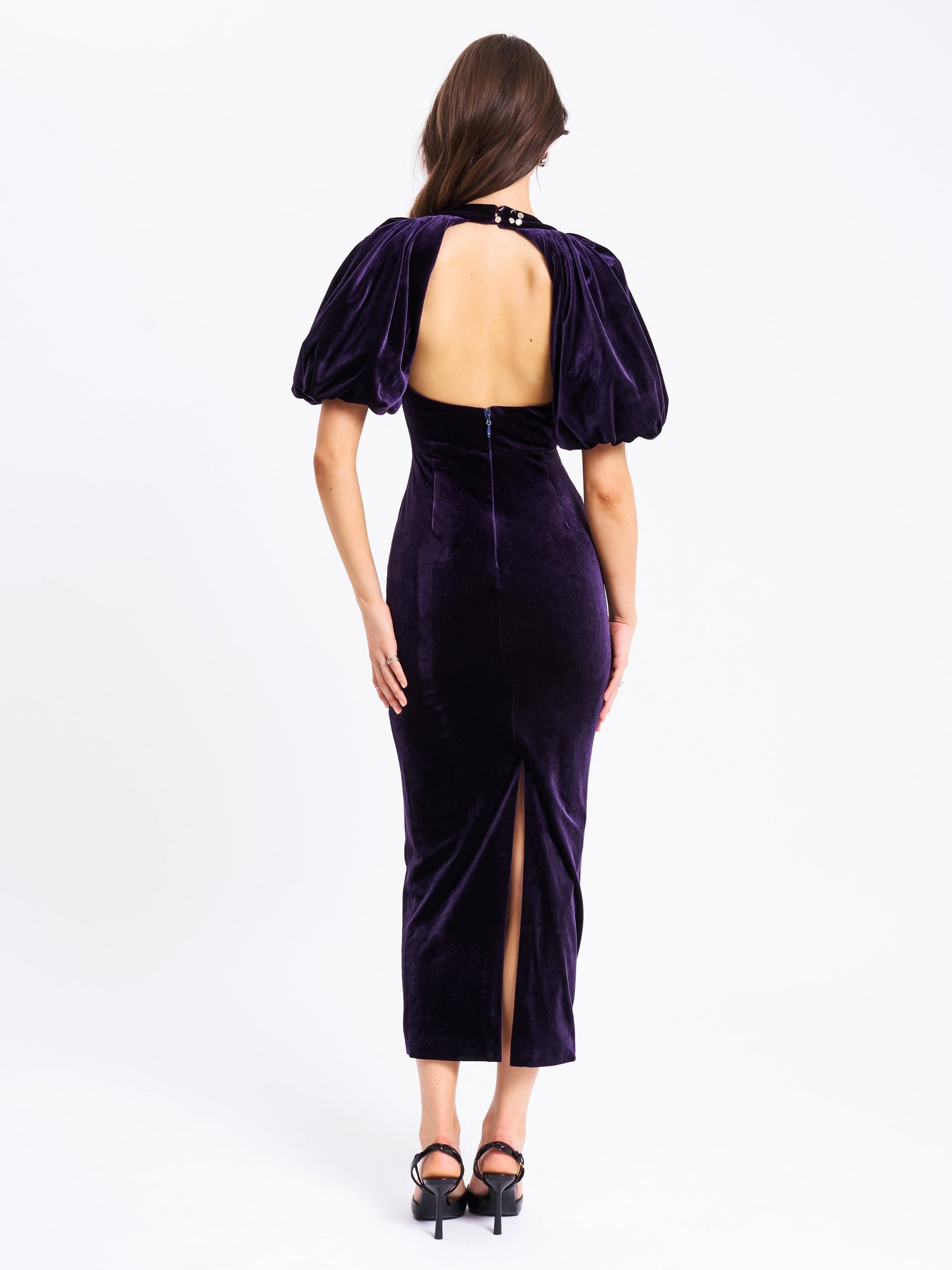 Coraline Velvet Bubble Sleeve Backless Maxi Dress | Purple