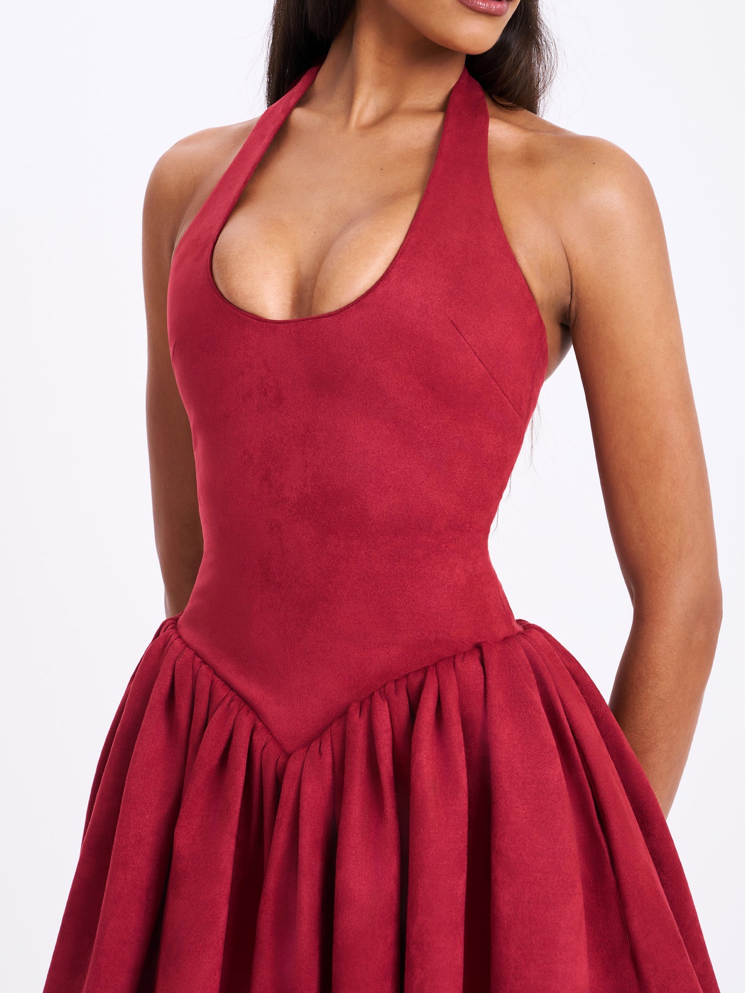 Hadorabra Suede Halter Mini Full Dress | Burgundy