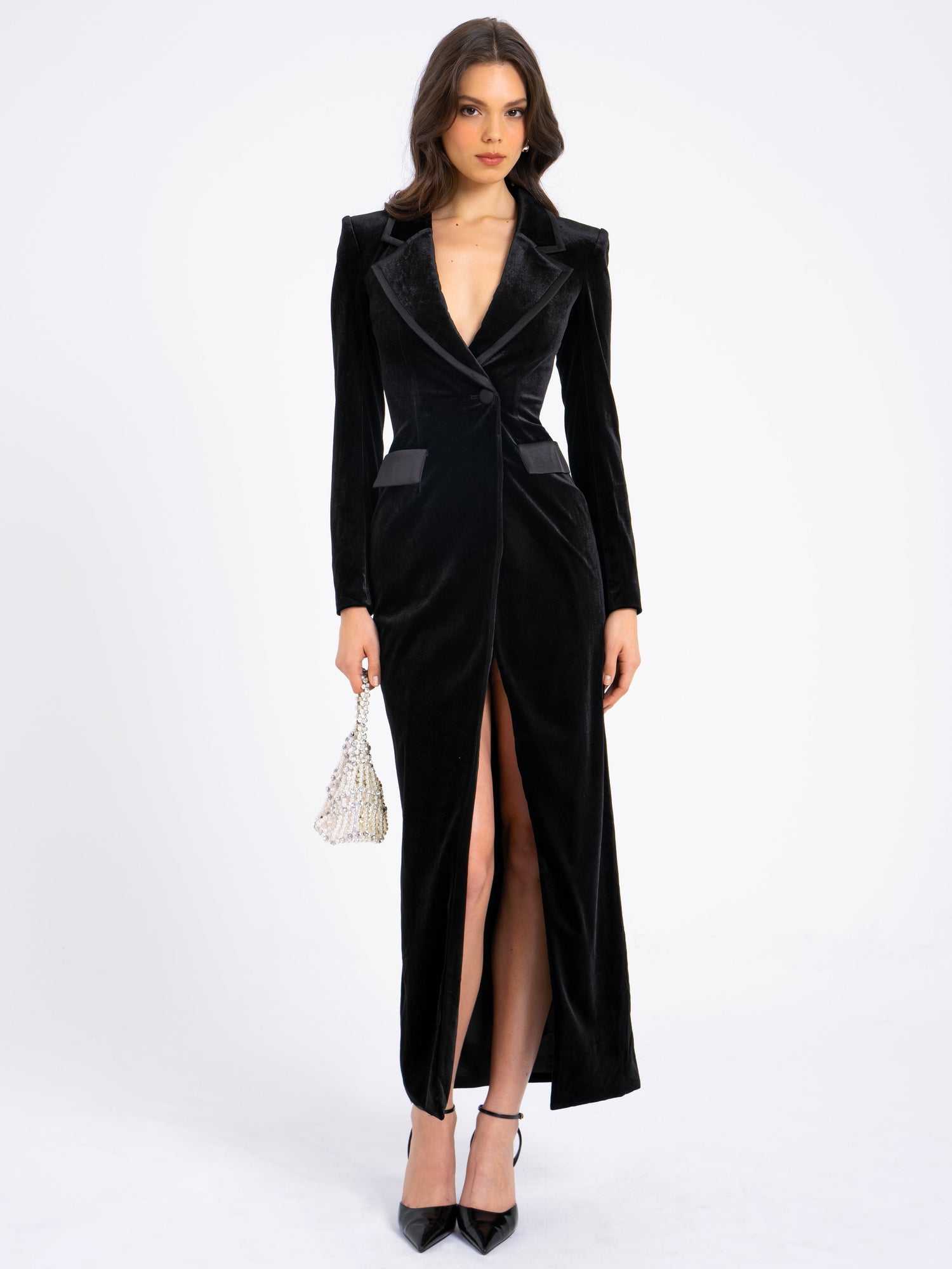 Willow Velvet High Slit Blazer Gown | Black