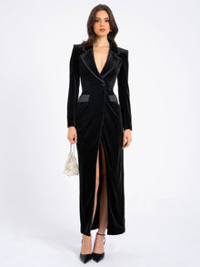 Willow Velvet High Slit Blazer Gown | Black