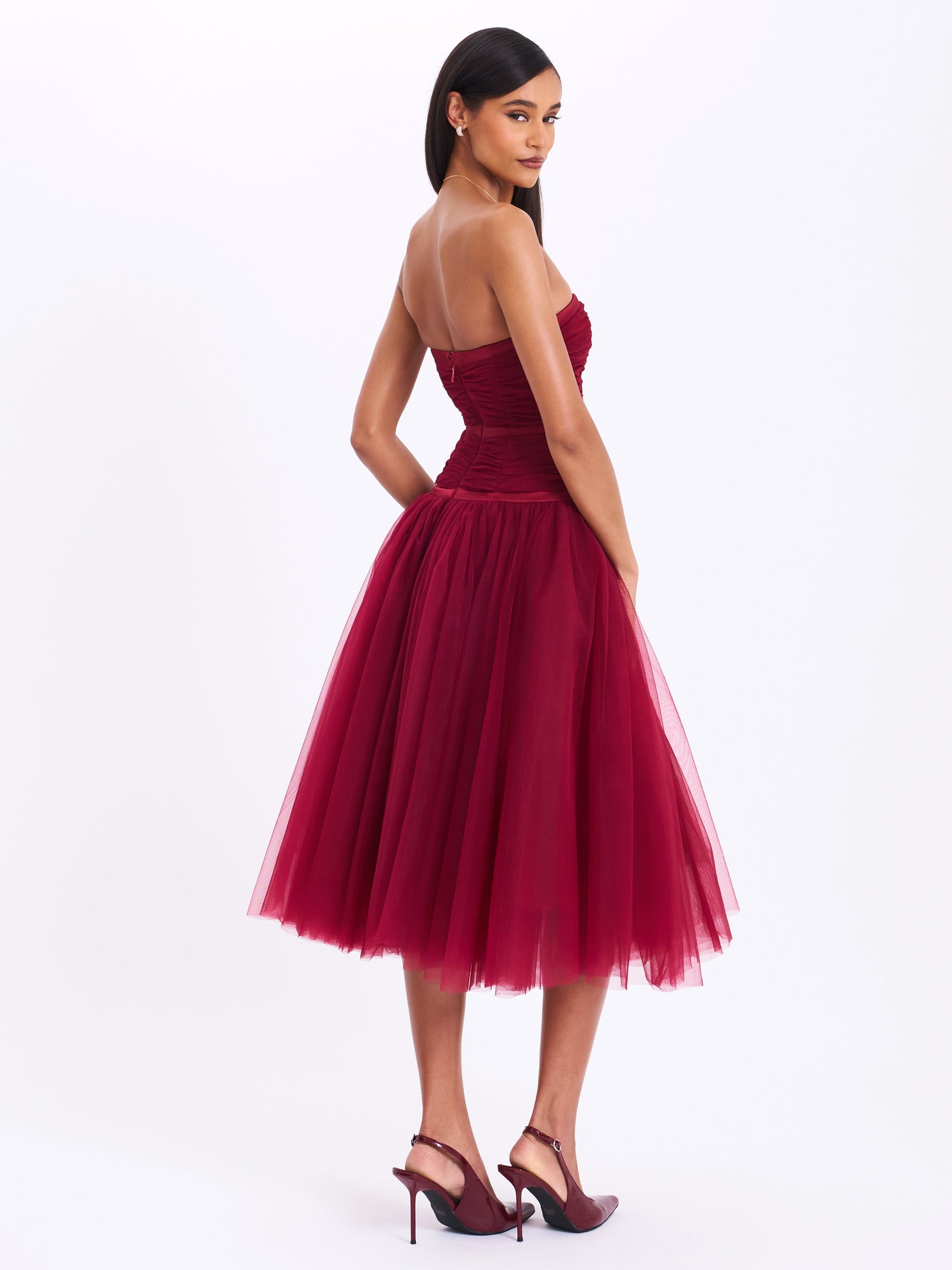 Mabel Drop Waist Layered Mesh Midi Puffy Dress with Bow | Burgundy