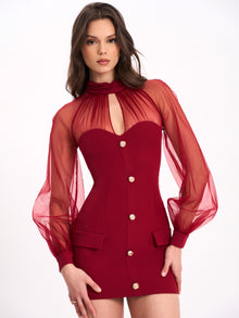Tabitha Mesh Lantern Sleeve Mini Dress | Burgundy