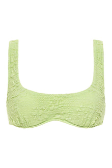 Lime green textured bikini top with floral pattern, square neckline, and wide shoulder straps.
