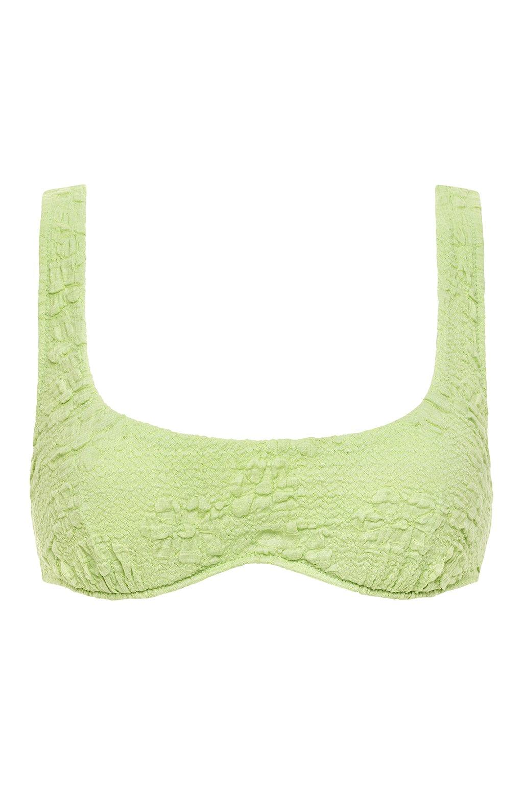 Lime green textured bikini top with floral pattern, square neckline, and wide shoulder straps.