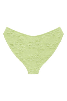 Lime green bikini bottom with all-over floral texture and zig-zag stitching detail.