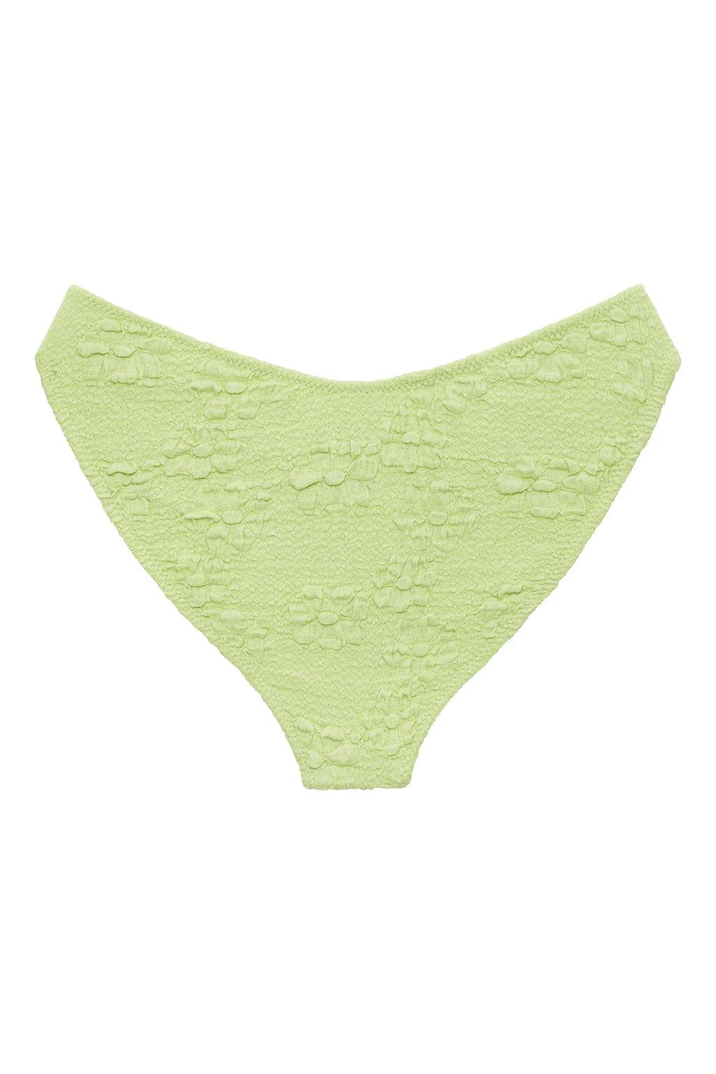 Lime green bikini bottom with all-over floral texture and zig-zag stitching detail.