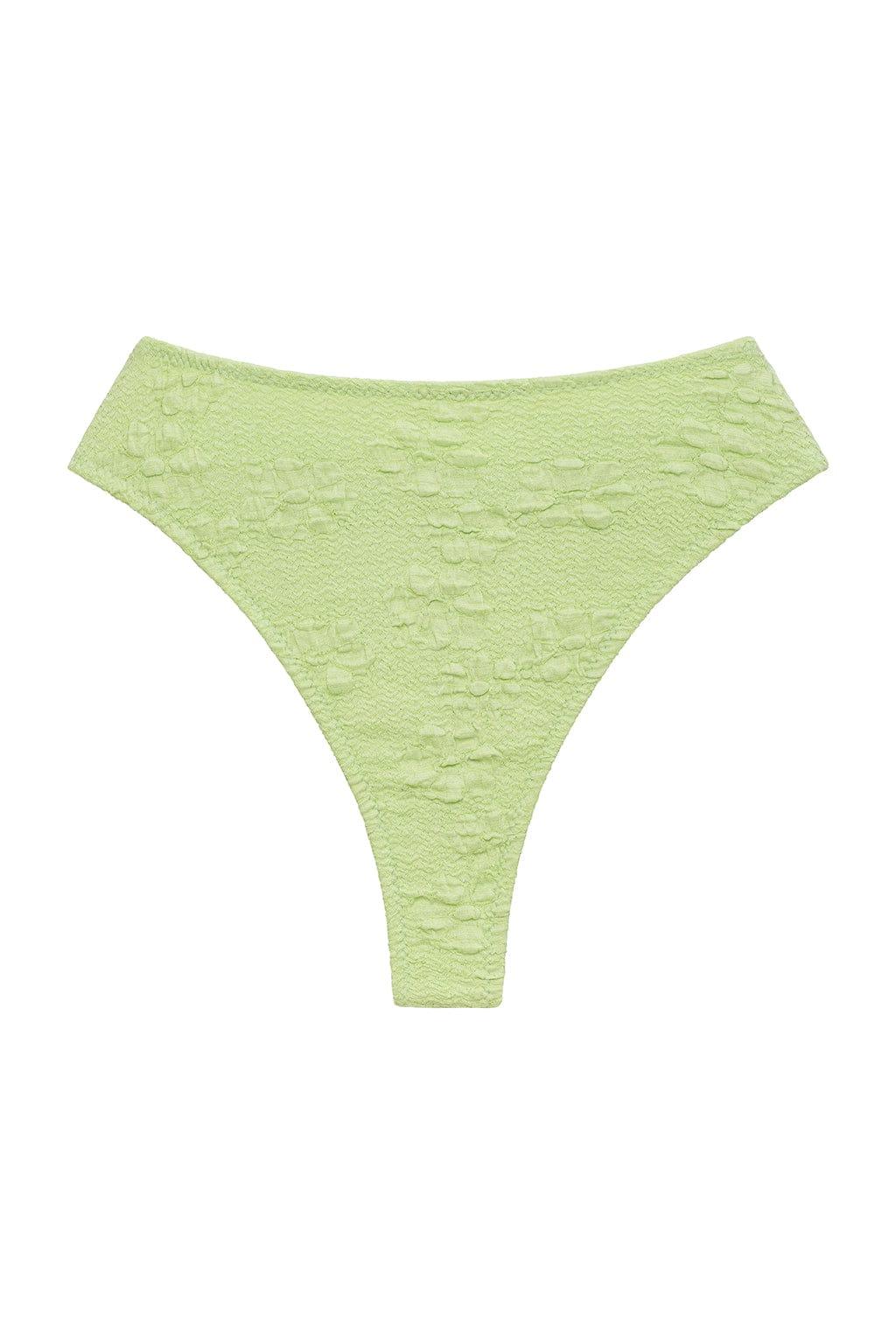 Lime green bikini bottom with textured floral jacquard pattern and high-cut thong style.