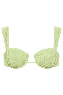Light green floral textured bikini top with underwire cups and adjustable straps.