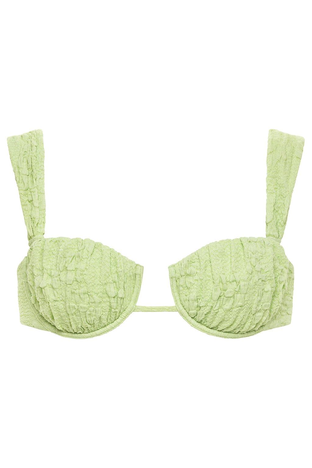 Light green floral textured bikini top with underwire cups and adjustable straps.
