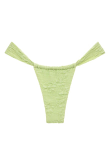 Green floral textured bikini bottom with tie side straps and wide waistband.