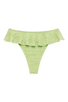 Lime green floral textured bikini bottom with ruffled trim across the top and high-cut legs.