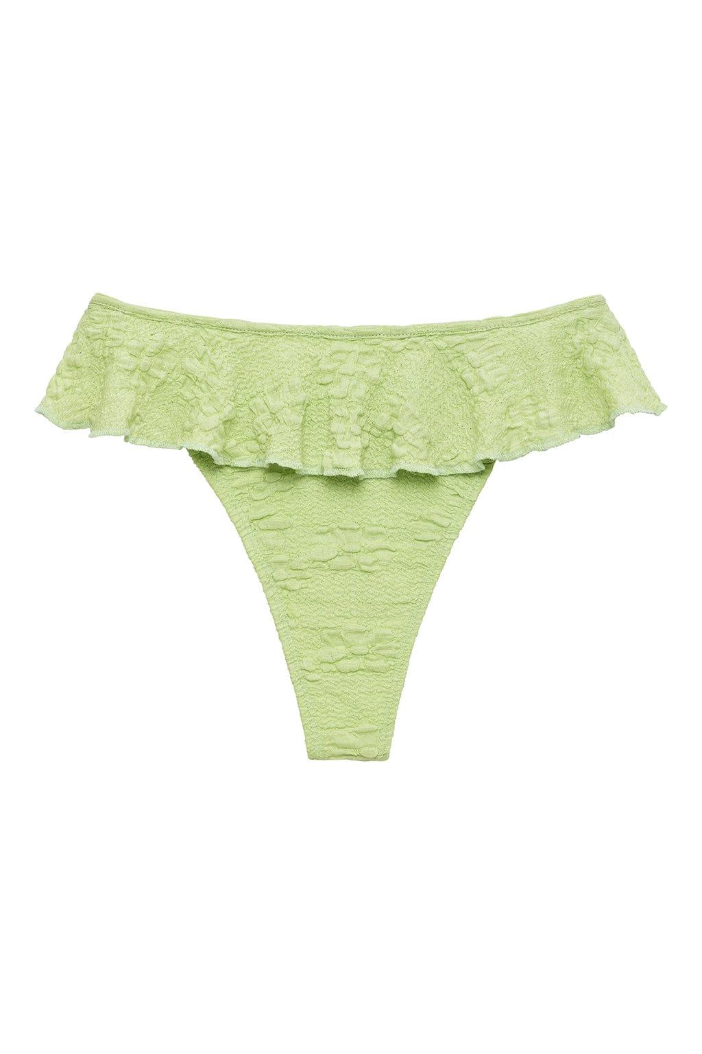 Lime green floral textured bikini bottom with ruffled trim across the top and high-cut legs.