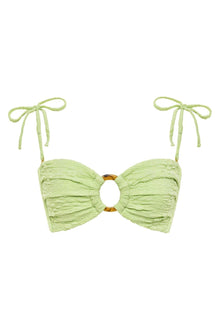 Light green textured bandeau bikini top with tortoiseshell ring detail and adjustable tie shoulders.