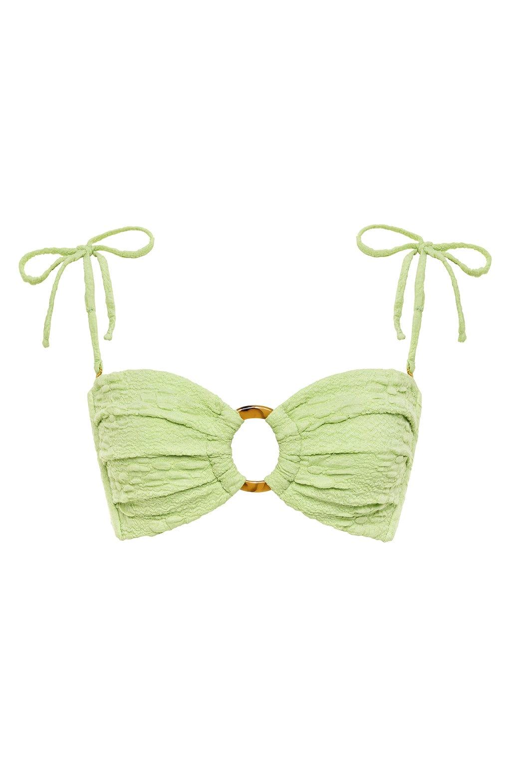Light green textured bandeau bikini top with tortoiseshell ring detail and adjustable tie shoulders.