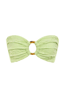 Lime green textured bandeau bikini top with center cutout and tortoiseshell ring hardware.