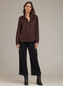 Long Sleeve Rounded Hem Button Down | Brown Snake Print