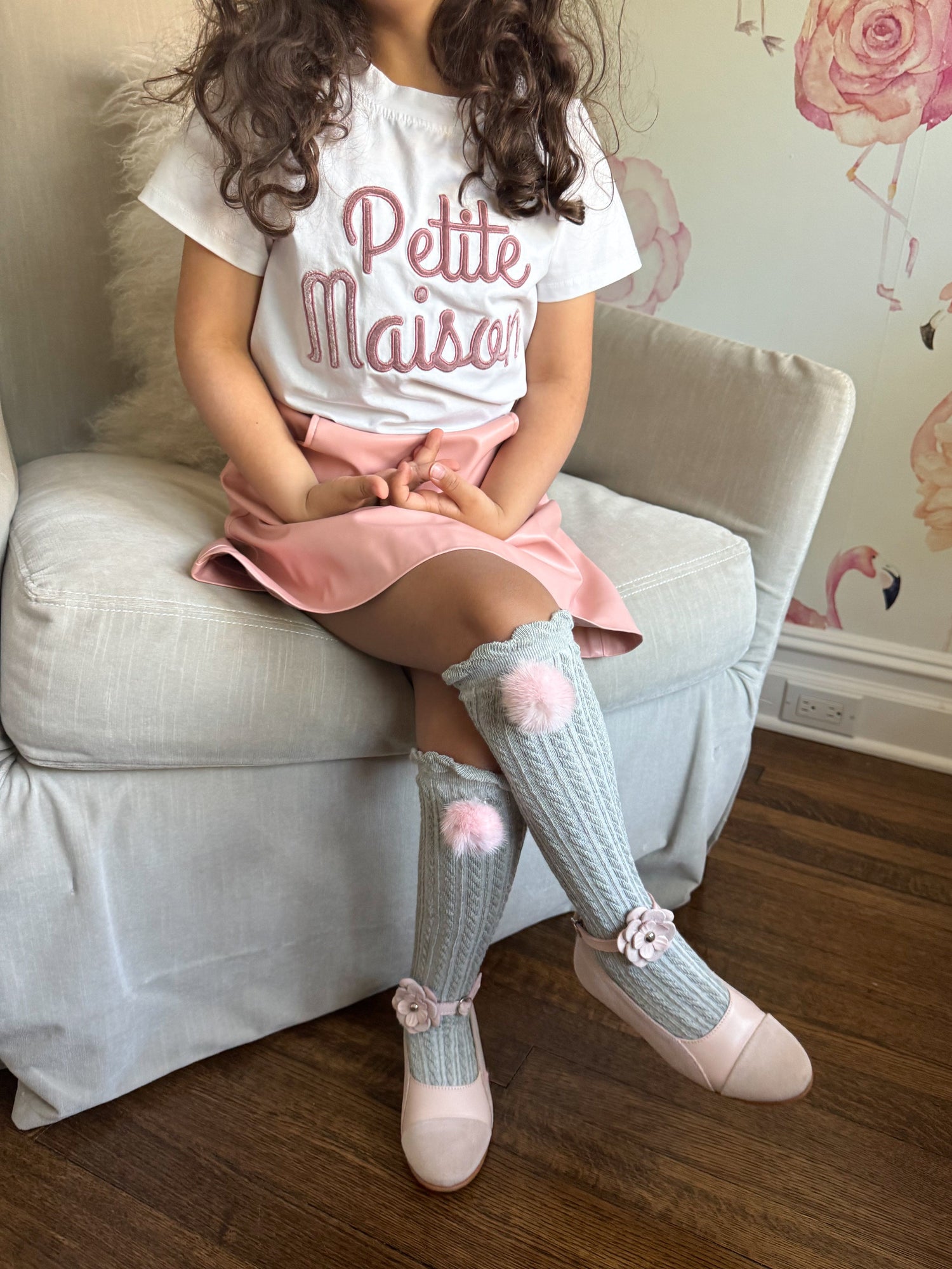 Girl | Grey Knee High Socks with Poms Pom | Gray x Pink