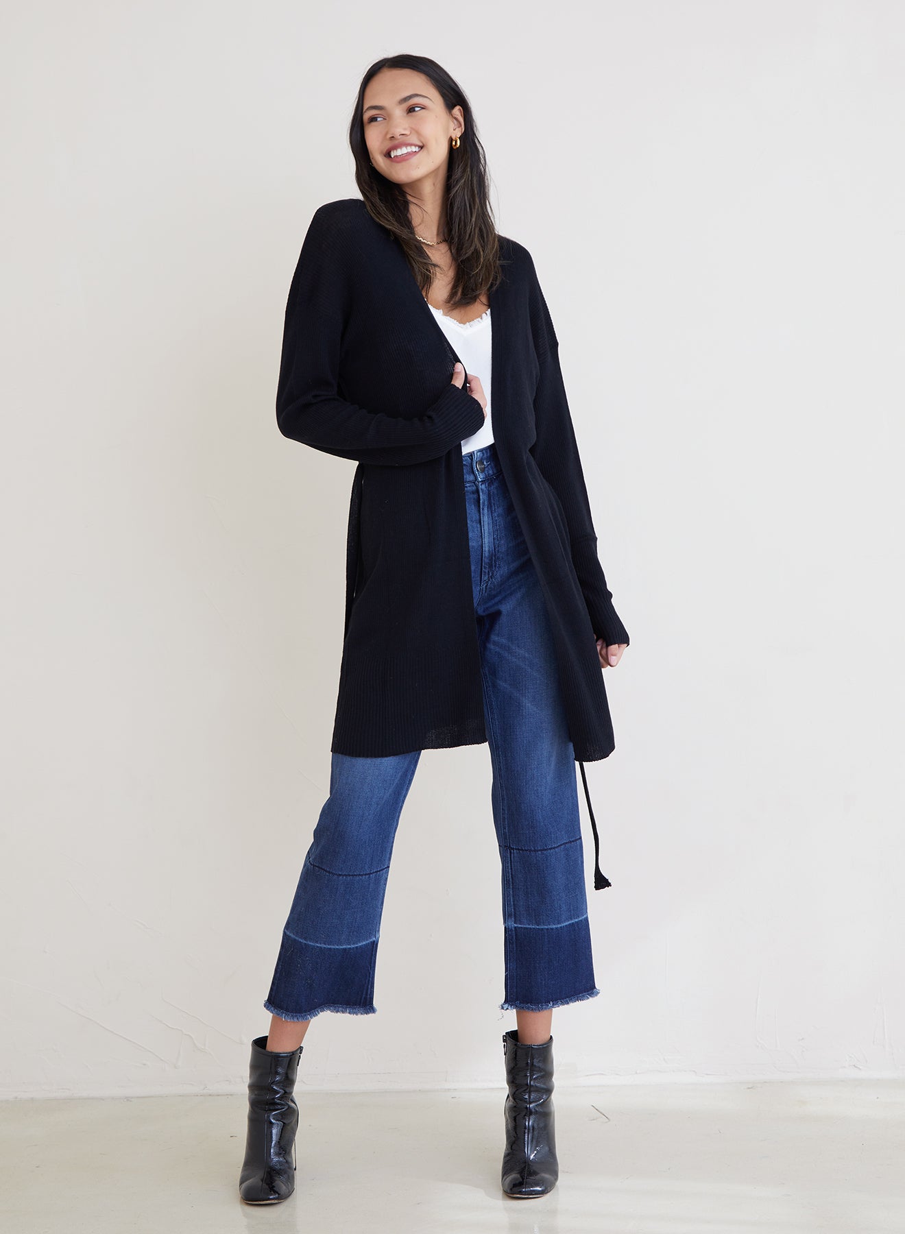 Belted Rib Knit Cardigan | Black