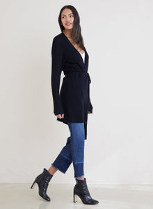 Belted Rib Knit Cardigan | Black