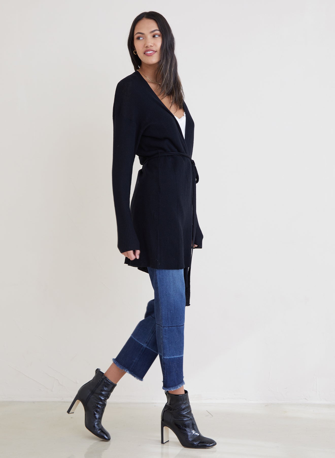 Belted Rib Knit Cardigan | Black