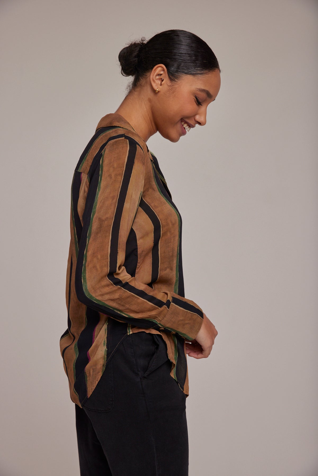 Hidden Placket Button Down | Golden Stripes Print