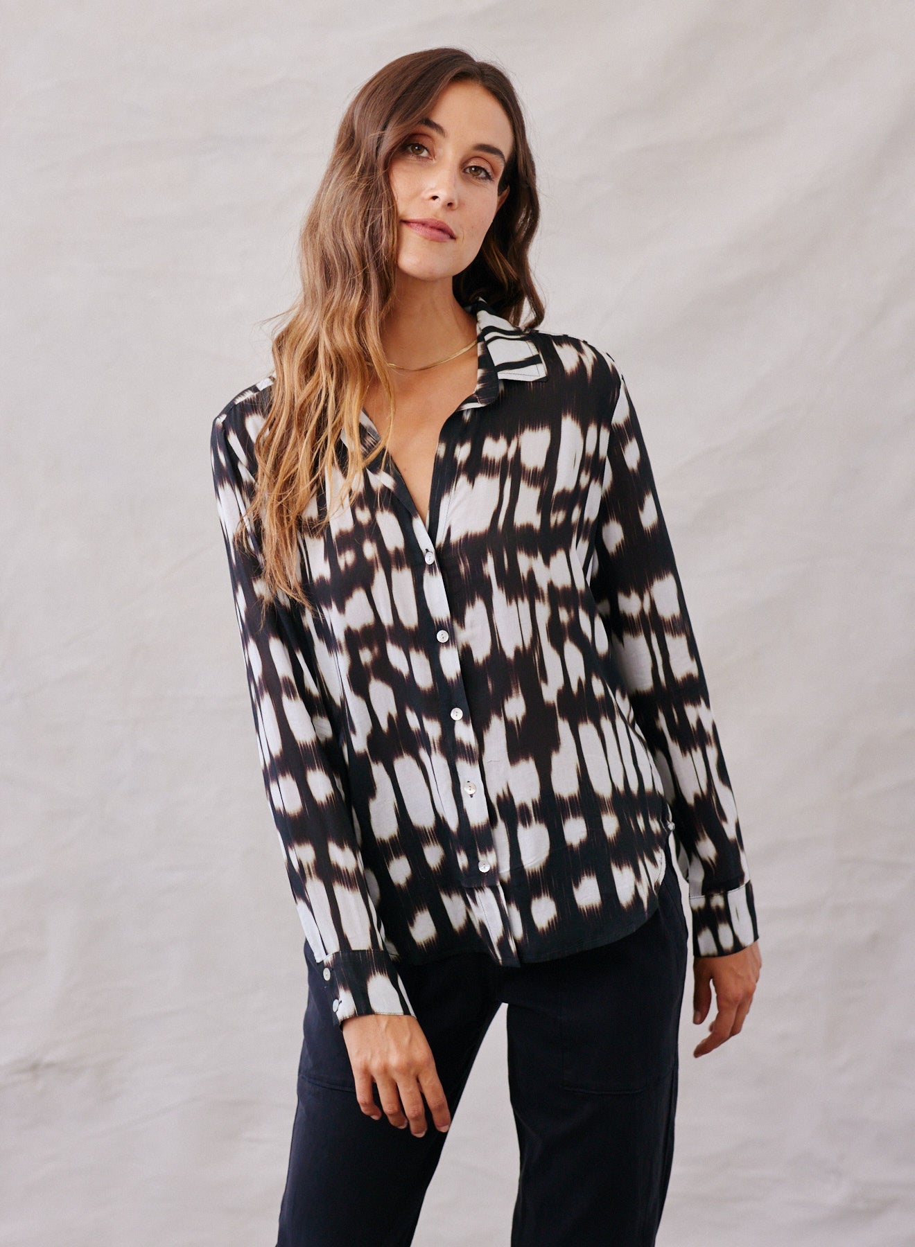Classic Flowy Button Down | Blurred Ikat Print
