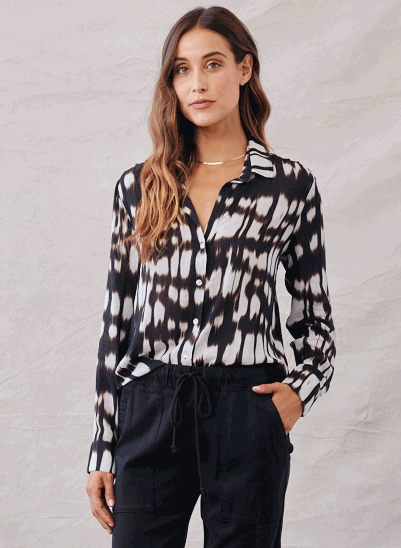 Classic Flowy Button Down | Blurred Ikat Print
