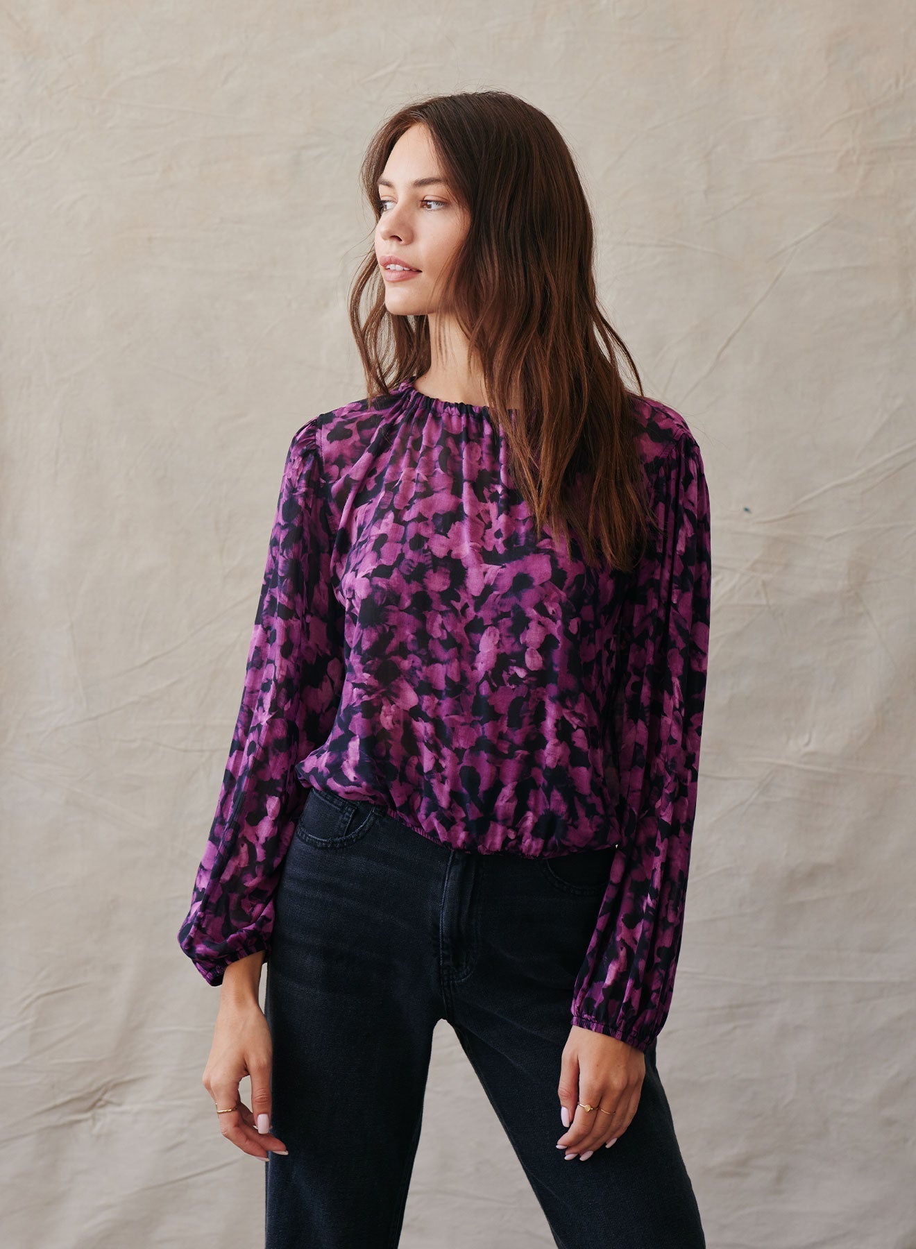 Elastic Shirred Top | Berry Floral Print