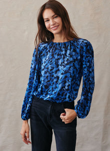 Elastic Shirred Top | Cobalt Floral Print