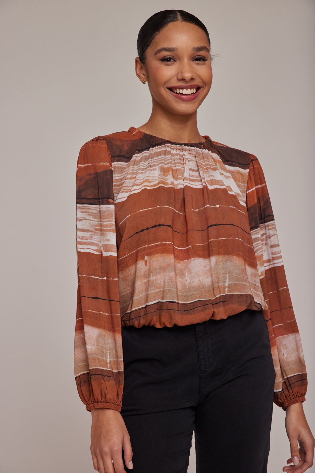Elastic Shirred Top | Rust Stripes Print