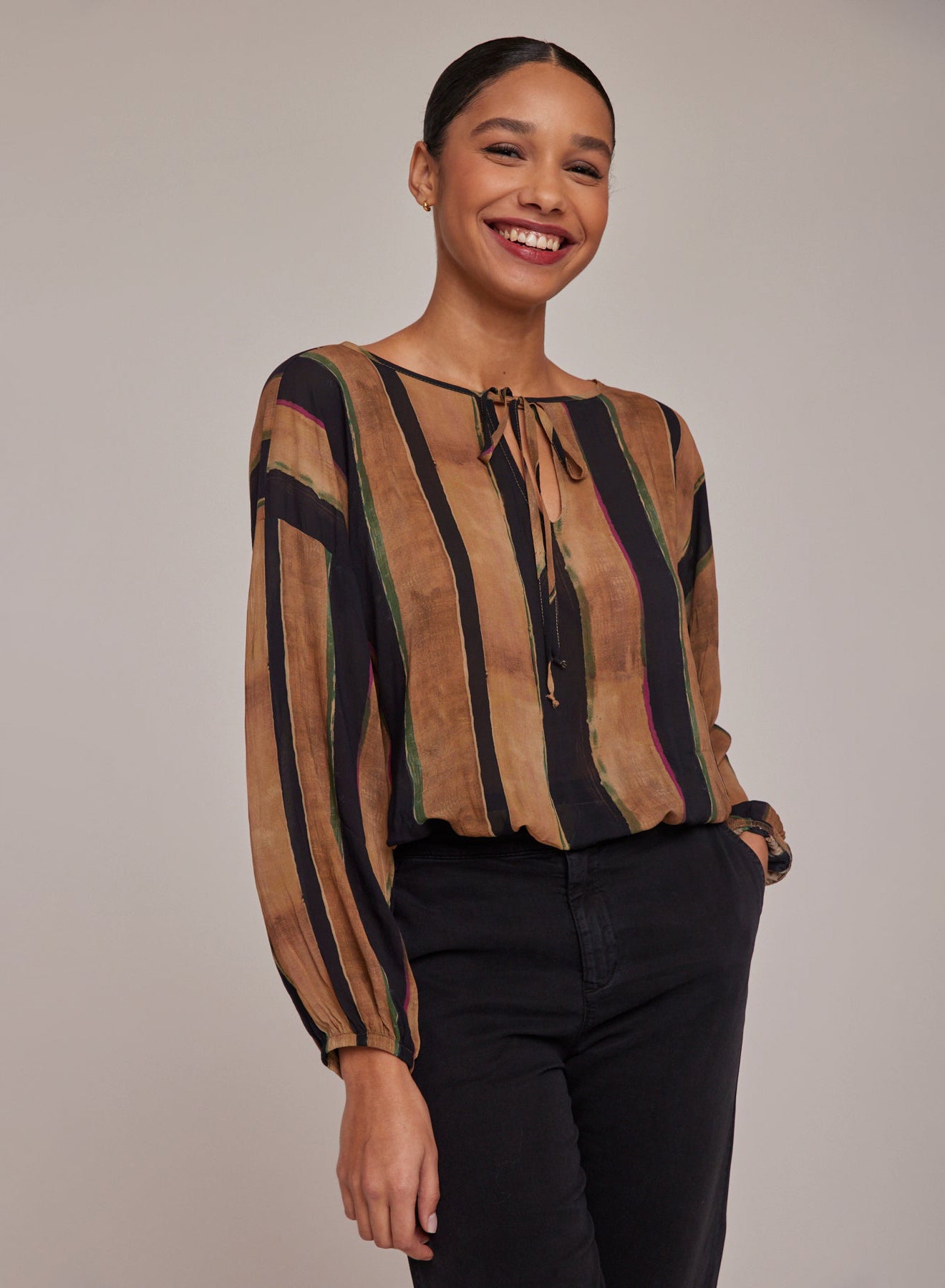 Tie Up Pullover Top | Golden Stripes Print