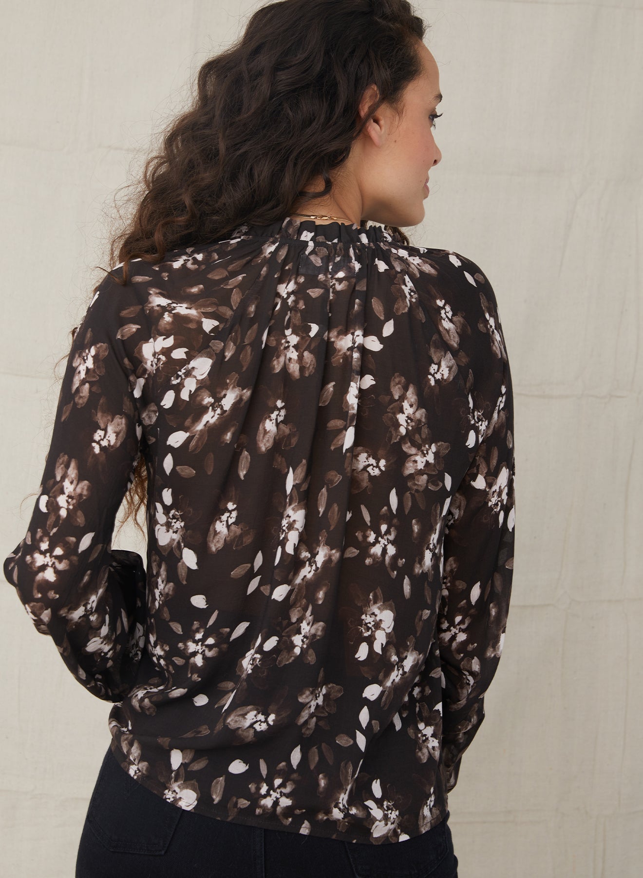Raglan Ruffle Neck Blouse | Nocturne Floral Print