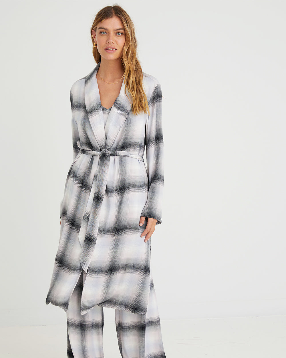 Long Sleeve Shawl Collar Robe | Lilac Ombre Plaid