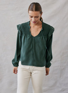 Gia Smocked Ruffle Pullover | Dark Forest