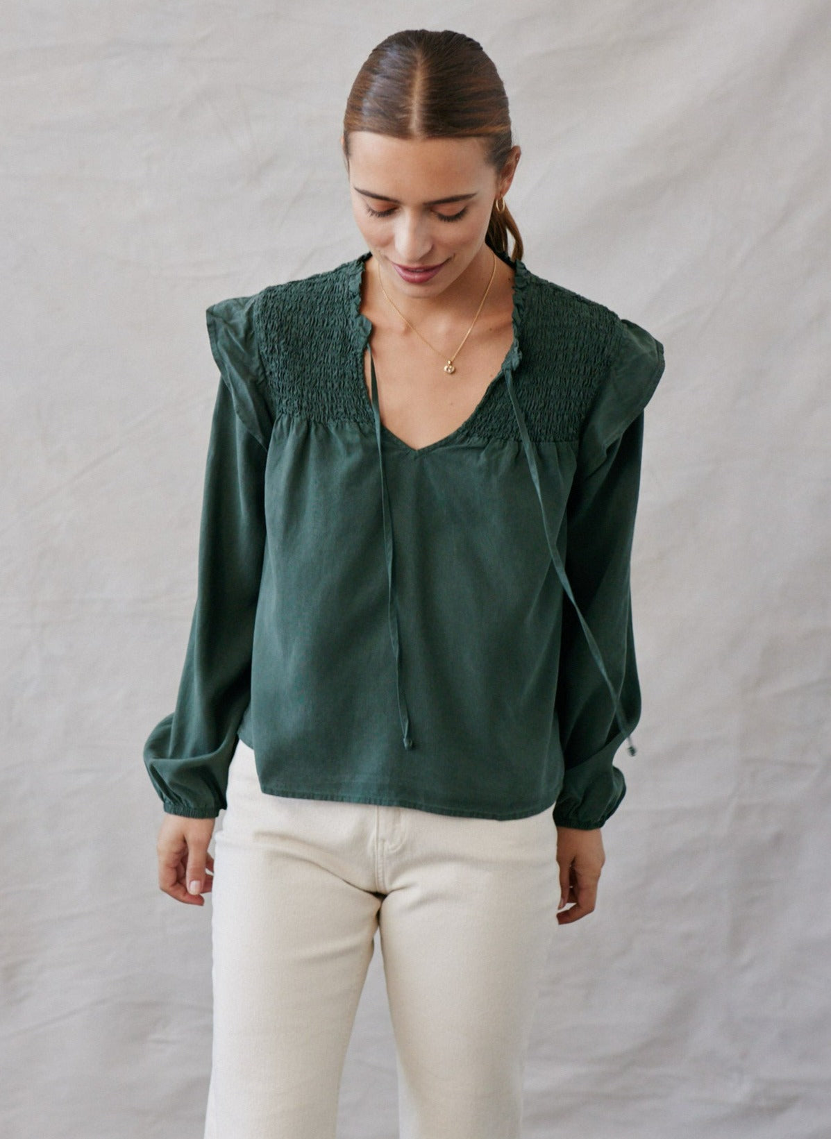 Gia Smocked Ruffle Pullover | Dark Forest
