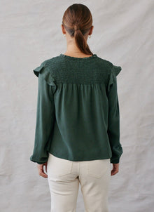 Gia Smocked Ruffle Pullover | Dark Forest