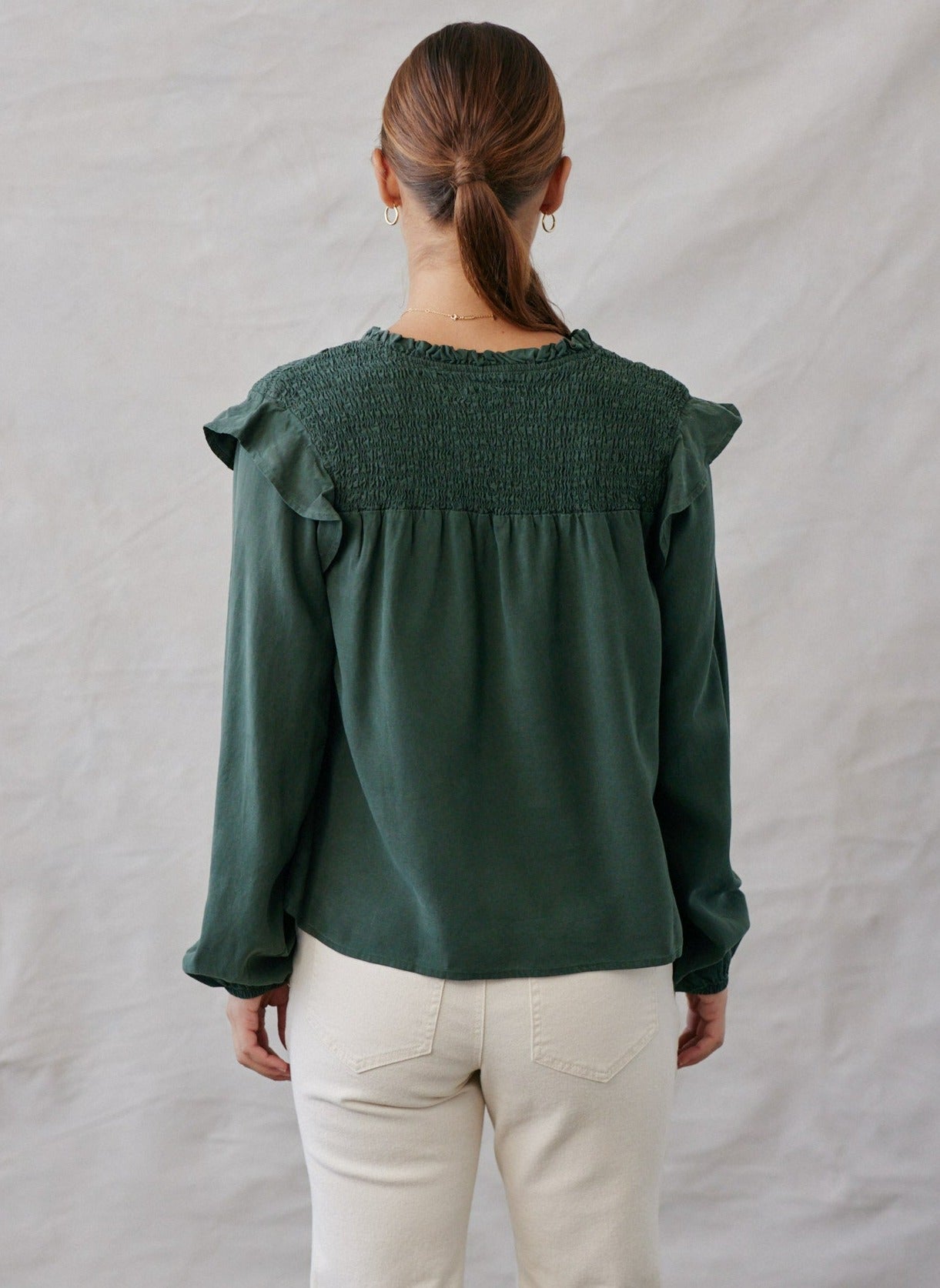 Gia Smocked Ruffle Pullover | Dark Forest